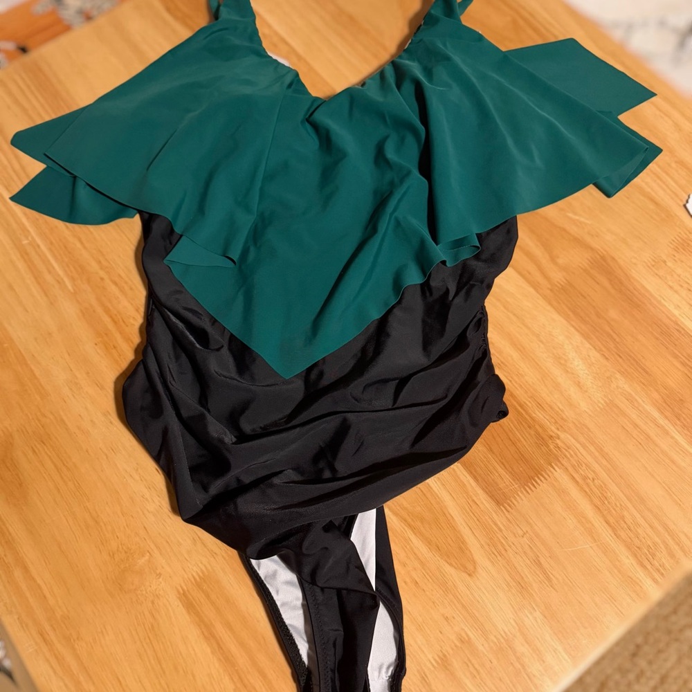 Green and Black Ruffled Swimsuit